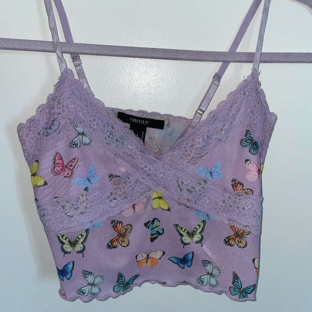 Two Forever 21 Mesh and Lace Tops: Butterfly Print and Blue Ocean Print Size S